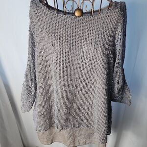 Vtg Crochet Mesh Tempo Paris Size M Silver Gray Sequin Shimmer Top